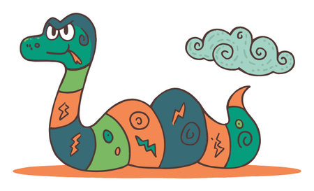 This vibrant cartoon snake features a unique design filled with bright colors and playful patterns, perfect for children's media and creative projects.のイラスト素材