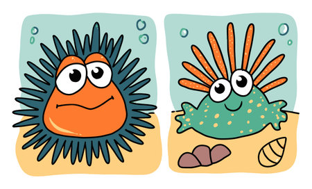 This whimsical illustration features two friendly cartoon sea creatures, showcasing vibrant colors and playful expressions. Perfect for children's themes.のイラスト素材