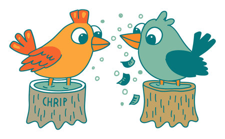 Two cheerful cartoon birds perched on tree stumps engage in a friendly chirping conversation, embodying a whimsical and playful scene in nature.のイラスト素材