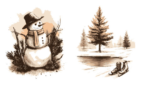 Enjoy a delightful vintage winter scene featuring a charming snowman with a scarf and hat, alongside ice skates resting near a frozen pond.のイラスト素材