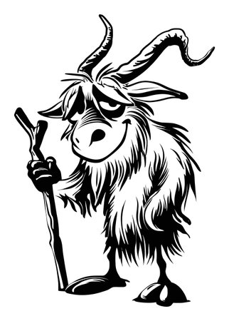 This whimsical hand-drawn cartoon goat character stands playfully with a stick. The black and white illustration captures a fun, lighthearted essence perfect for various creative projects.のイラスト素材