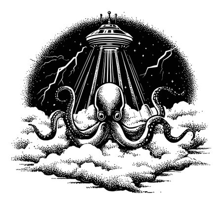 Striking monochrome engraving featuring an octopus beneath a UFO, surrounded by clouds and lightning. A unique blend of fantasy and sci-fi elements, ideal for art and decor.のイラスト素材