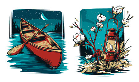 Discover a serene night scene featuring a vibrant canoe on water alongside a vintage lantern and blooming cotton plants. Ideal for nature lovers.のイラスト素材