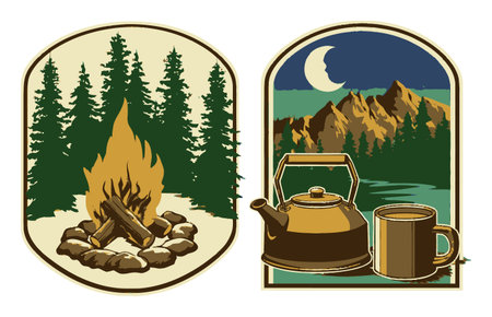 This vintage-style illustration features a cozy campfire scene with trees and a moonlit mountain backdrop, perfect for outdoor adventure themes.のイラスト素材