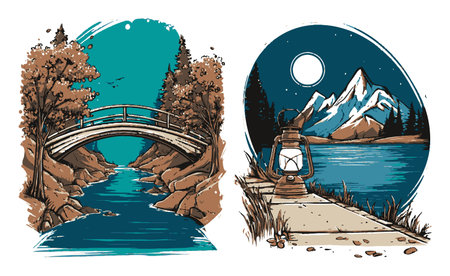 This artistic illustration features a serene landscape with a wooden bridge over a river, alongside a lantern by a moonlit mountain view, symbolizing adventure and tranquility.のイラスト素材