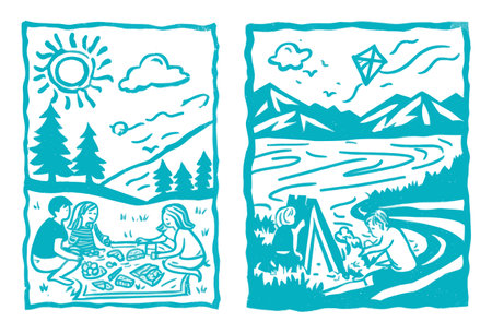 Whimsical illustration of children enjoying outdoor activities, featuring a picnic scene and playful kite flying amidst mountains and trees. Perfect for summer themes.のイラスト素材