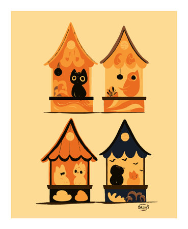 Explore a charming cartoon illustration featuring whimsical animal houses in bright colors. Delightful cats and birds create a cheerful atmosphere perfect for pet lovers.のイラスト素材