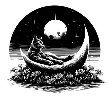 A charming engraving of a cat lounging on a crescent moon, surrounded by flowers. This whimsical artwork captures the peaceful essence of a cosmic night scene.のイラスト素材