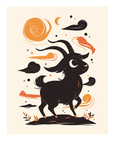 A charming cartoon goat prancing joyfully in a whimsical landscape filled with stylized clouds and swirls. Perfect for playful and creative projects.のイラスト素材