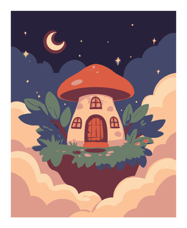 A charming illustration of a whimsical mushroom house nestled among fluffy clouds, under a starry night sky. Perfect for children's art or fantasy themes.のイラスト素材