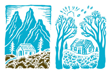 Explore a vibrant illustration of a scenic mountain landscape featuring a cabin and trees. Ideal for nature-themed projects and artistic expressions.のイラスト素材
