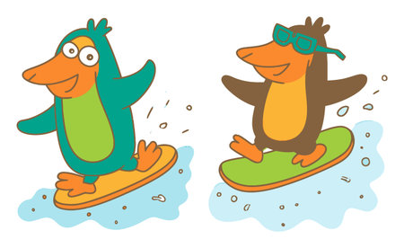 Two cheerful animated penguins surfing on bright boards in a whimsical water scene. Perfect for kids themes, summer fun, and playful illustrations.のイラスト素材