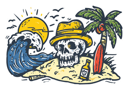A vibrant illustration featuring a skull on a sandy beach, surrounded by waves, a palm tree, and a surfboard, evoking a fun tropical vacation atmosphere.のイラスト素材