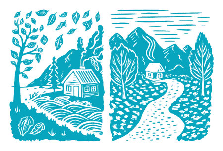 A striking landscape illustration showcasing a serene rural scene with houses, trees, and mountains. The artistic blue tones evoke tranquility and connection to nature.のイラスト素材