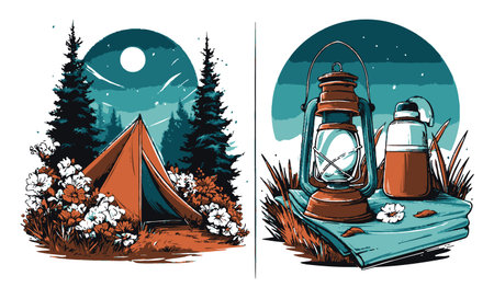 A serene camping scene featuring a tent amidst lush trees and flowers, paired with a vintage lantern and drink on a cloth. Ideal for outdoor themes.のイラスト素材