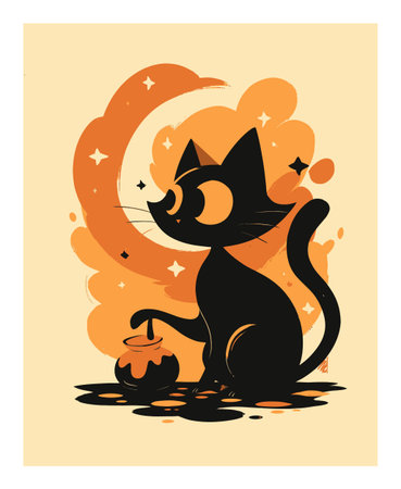 A charming cartoon illustration of a playful black cat with a potion, set against a vibrant orange moon. Ideal for magical or whimsical themes, this artwork captures a delightful atmosphere.のイラスト素材