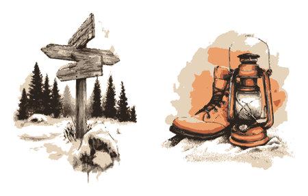 Illustrative representation of outdoor adventure featuring a vintage signpost, hiking boots, and a lantern, evoking exploration in a serene, snowy landscape.のイラスト素材