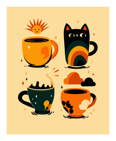 Discover a delightful illustration featuring four playful coffee mugs, each with unique designs and vibrant colors, perfect for adding charm to any kitchen decor.のイラスト素材