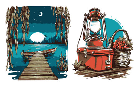 A serene lakeside scene featuring a wooden pier and a vintage lantern beside a basket of cherries. Perfect for evoking tranquility, nature, and nostalgic memories.のイラスト素材