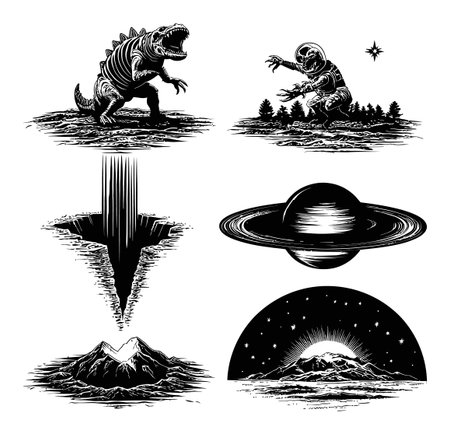Explore a collection of vintage engravings featuring a dinosaur, astronaut, and stunning cosmic landscapes. Perfect for art lovers and creative projects.のイラスト素材