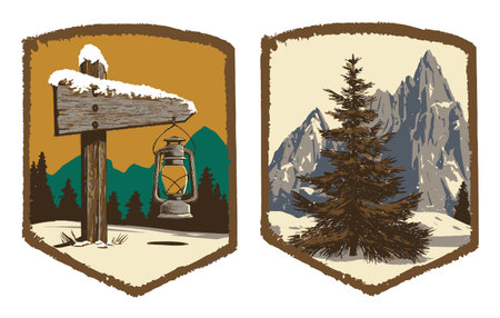 This vintage-style illustration features a rustic lantern, a wooden signpost, and a majestic pine tree set against snow-capped mountains, evoking a peaceful outdoor adventure.のイラスト素材