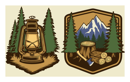 Explore the essence of outdoor adventures with this vintage-style illustration featuring a lantern, trees, and mountain peaks, perfect for nature lovers.のイラスト素材