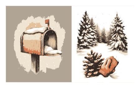 This illustration captures a vintage mailbox surrounded by snow, pinecones, and tall trees, creating a cozy winter landscape. Perfect for seasonal themes.のイラスト素材