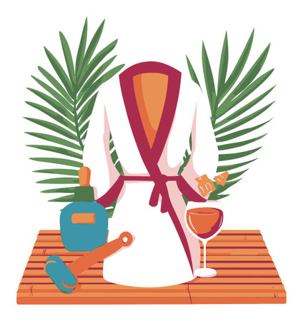 This illustration showcases a cozy spa scene featuring a bathrobe, a glass of drink, and tropical leaves, inviting relaxation and serenity in wellness spaces.のイラスト素材