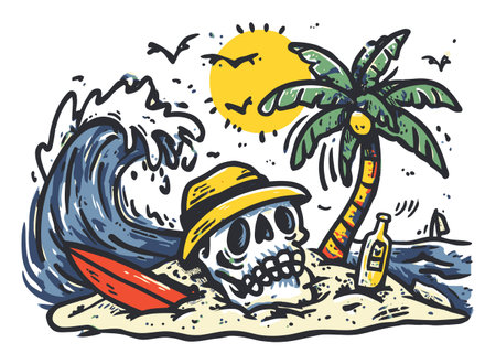 A fun and colorful illustration of a skull relaxing on a beach, surrounded by waves, a palm tree, and a bottle. Perfect for summer vibes and adventurous themes.のイラスト素材
