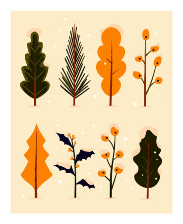 This vibrant vector illustration features a collection of cartoon trees and plants, perfect for seasonal design projects or festive decorations. Bright colors and playful styles.のイラスト素材