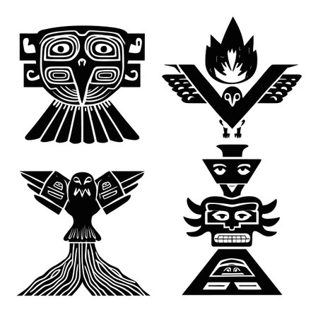 Explore a striking engraving featuring four unique tribal bird designs, highlighting cultural symbols and intricate patterns in a bold black and white aesthetic.のイラスト素材