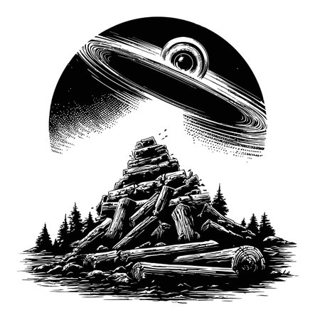 A striking black and white engraving showcases a log pyramid beneath a majestic ringed planet, blending nature with cosmic elements to create a surreal atmosphere.のイラスト素材