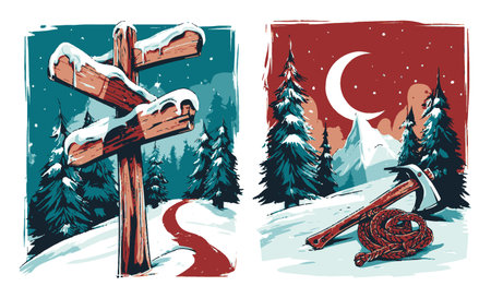 Beautiful winter landscape features a snow-covered scene with a directional sign, snowy forest, and a nighttime mountain view, ideal for adventure themes.のイラスト素材