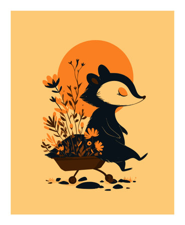Whimsical cartoon image of an adorable animal pulling a wheelbarrow filled with flowers. The vibrant colors and playful design bring joy to any project.のイラスト素材
