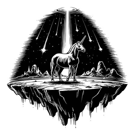 This striking engraving features a majestic unicorn standing on a floating rock in a mystical space, surrounded by stars. The black and white art captures the essence of fantasy and imagination.のイラスト素材
