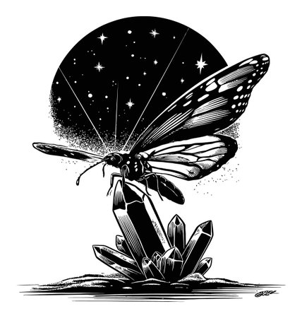 This striking black and white engraving features a butterfly perched on a crystal surrounded by a starry sky. The intricate details highlight the beauty and elegance of nature.のイラスト素材