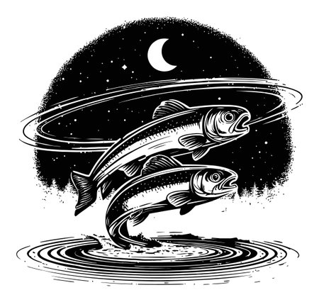 This black and white engraving features two dynamic fish jumping against a moonlit backdrop filled with stars. Ideal for nature enthusiasts and art lovers.のイラスト素材