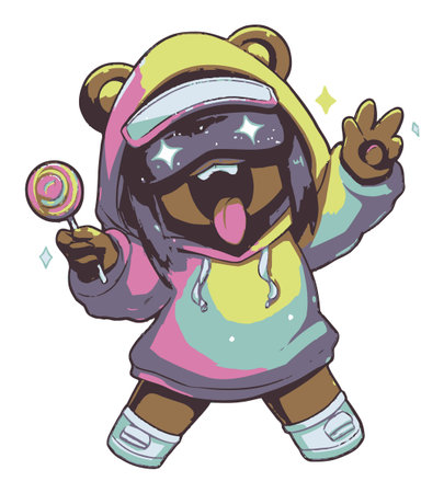 A playful cartoon bear character with a vibrant hoodie and lollipop, exuding joy and whimsy. Perfect for youthful and cheerful designs, this colorful illustration captures a fun spirit.のイラスト素材