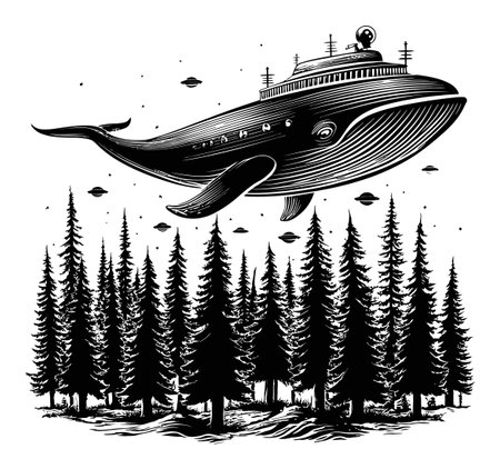 A captivating illustration of a whale-styled submarine soaring over a lush evergreen forest, merging surrealism and nature in an imaginative design.のイラスト素材