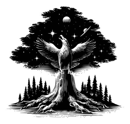 An intricate engraving of a majestic eagle perched on a tree trunk, surrounded by stars and planets, showcasing a blend of nature and cosmic beauty.のイラスト素材