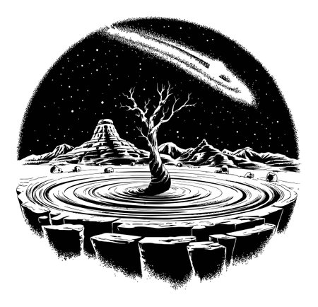 This captivating engraving features a mystical landscape under a starry sky. An isolated tree stands among swirling patterns, while planets and mountains create a surreal atmosphere perfect for art enthusiasts.のイラスト素材