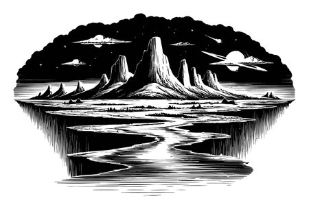 This stunning black and white engraving features majestic mountains and a serene river under a dramatic sky, perfect for art lovers and nature enthusiasts.のイラスト素材