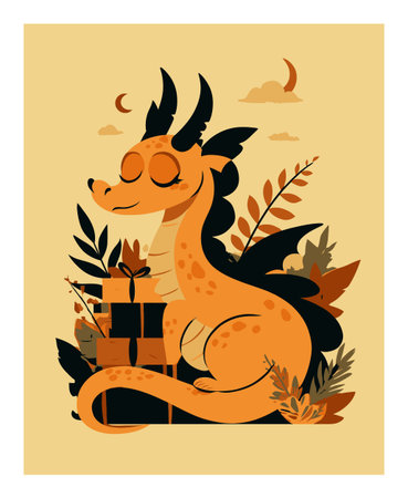 This charming cartoon dragon illustration features a playful dragon surrounded by gifts and nature. With soft colors and whimsical design, it's perfect for children's themes.のイラスト素材