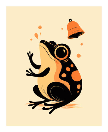 This adorable cartoon frog features a bell, showcasing a playful style in vibrant vector art. Perfect for fun designs and cheerful themes.のイラスト素材