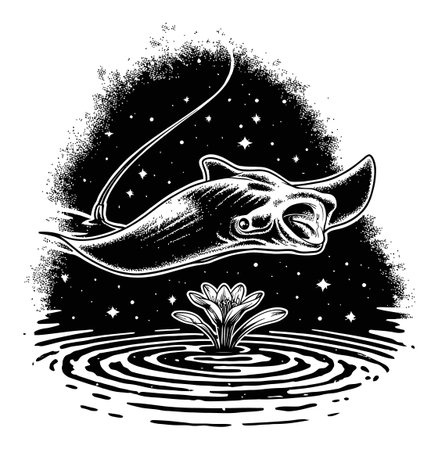 This detailed black and white engraving features a majestic manta ray gracefully swimming above a water lily. Set against a starry backdrop, this artwork captures the tranquility of the ocean environment, combining elements of nature and marine life. Perfect for art lovers and nature enthusiasts.のイラスト素材