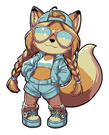 This vibrant illustration features a stylish cartoon fox character with sunglasses and a casual outfit. Perfect for creative projects, it embodies coolness and charm.のイラスト素材