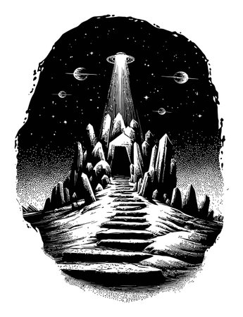 Explore a captivating engraving of a rocky landscape under a starlit sky, featuring a mysterious UFO beam illuminating stone steps and an otherworldly scene.のイラスト素材