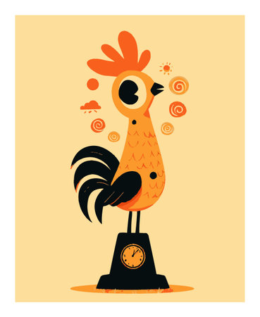 This whimsical cartoon rooster illustration features bright colors and cute design elements, showcasing a playful character with a clock, perfect for various artistic applications.のイラスト素材