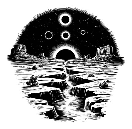 This striking engraving depicts a surreal desert landscape illuminated by celestial bodies. The contrast of black and white enhances the dreamy quality of the scene.のイラスト素材