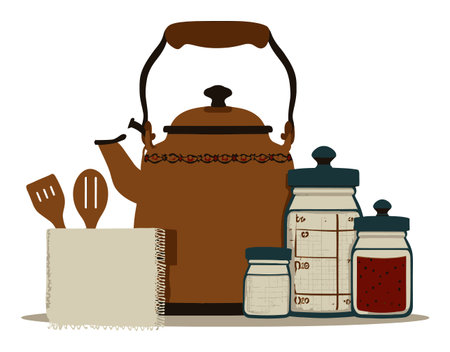 This vector illustration features a vintage teapot alongside jars, utensils, and linens, perfect for adding a cozy touch to any kitchen-themed project or decor.のイラスト素材